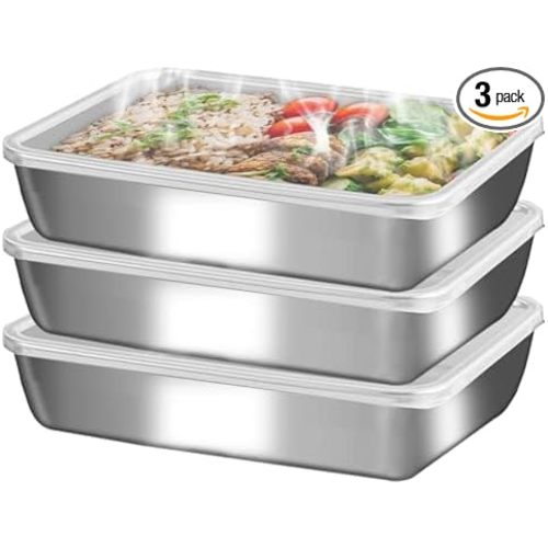 Stainless Steel Food Storage Containers with Airtight Lids, 3 Pack Leakproof Meal Prep Containers, Reusable Bento Boxes for Food, Dishwasher & Freezer Safe Containers for Fruits, Snacks, Leftovers
