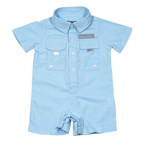 Properly Tied Baby Boys Fishing Shirt Style Shortall Romper - Aqua Blue – Best Dressed Child