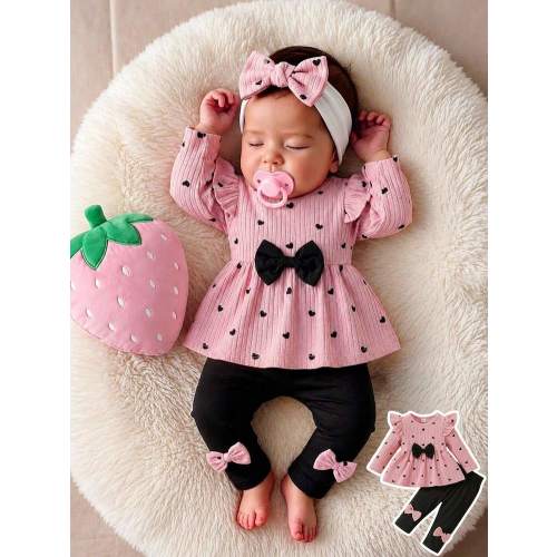 SHEIN Newborn Spring/Autumn Brown Gentle Style Heart All-Over Print Black Bow Knot Embellished Knit Puff Sleeve Pullover Top With Black Bow Knot Embellished Pure Black Long Pants Slim Fit 2-Piece Set Suitable For Outings, Home, Casual, Sports, Christmas,