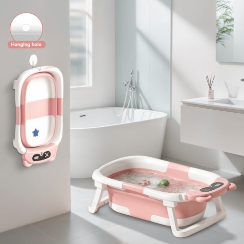 Senmeo 1PC Foldable Baby Bathtub With Thermometer & Soft Cushion - Portable Travel Tub For 0-36 Months Infants - Non-Slip, Floating Pad Included