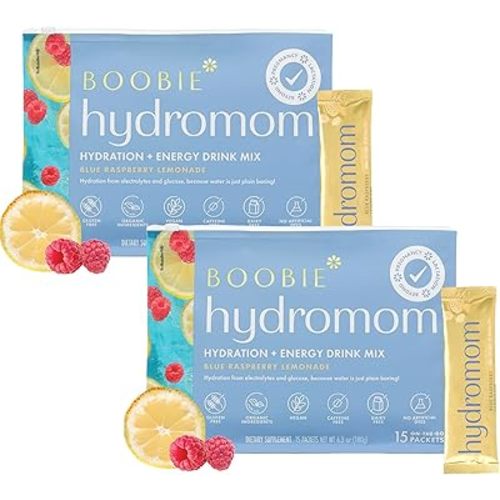 Boobie Hydromom Superfood Electrolyte Drink Mix, Blue Raspberry Lemonade | Refreshing Energy & Hydration Boost for Mamas | On-The-Go & Travel Essentials for Pregnancy, Lactation, & Beyond - 2 Pack