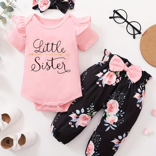 3pcs Girls' Pants Set with Letter Print Ruffle Short Sleeve Crop Top + Bow Floral Printed Long Pants + Hair Tie, Cute Casual Outfit for Spring Summer Autumn Season, Perfect for Outdoor