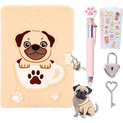 French bulldog Diary with Lock,Fluffy Dog Diary for 6 7 8 Year Old Girl,Kids Journal Notebook Gift Set with Multicolored Pen,Plush Secret Diary Lined 160 Pages,Christmas Birthday Gift Set for Kids