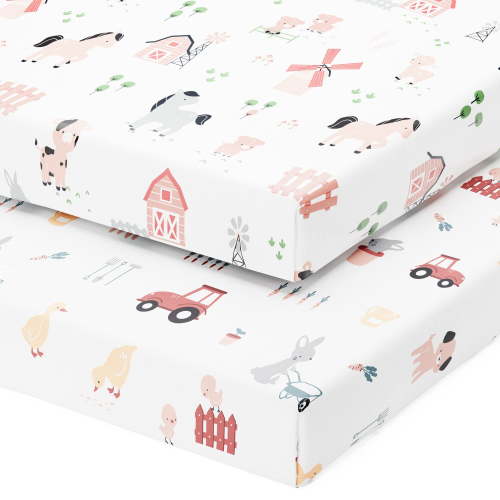 Joey and Joan Mini Crib Sheet for Dream On Me & Delta Porta, Farm Animals, 2 Count