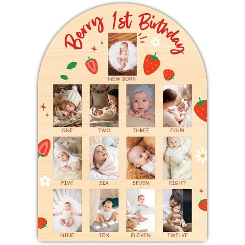 Berry My First Year Photo Board, Pink Strawberry Baby Milestone Signs for Girls Boys Nursery Decor, 12 Month Wooden Picture Board for 2x3 Photos, Best Babies Keepsake Gifts-A15