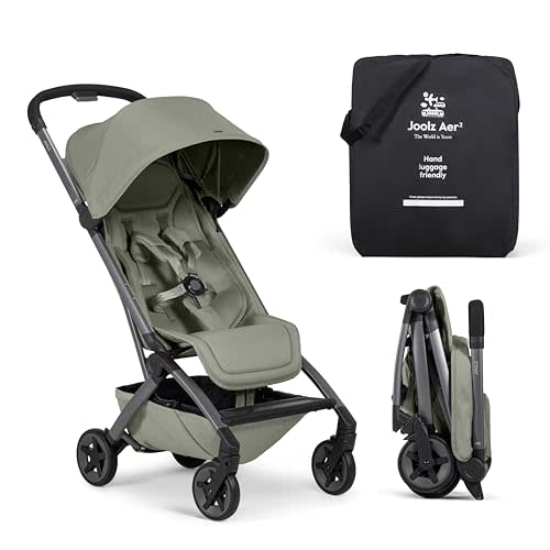 Joolz Aer2 Lightweight Travel Stroller for Baby & Toddler – One-Hand Fold, Compact Carry-On Airplane Approved, Reclining Seat, UPF 50+ Canopy, Travel Pouch, Baby Net – Sage Green