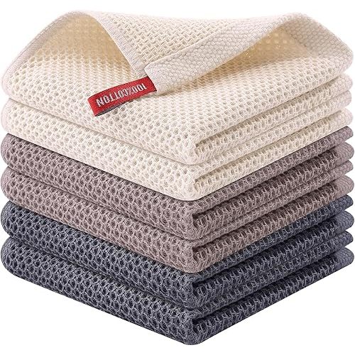 Kitinjoy 100% Cotton Kitchen Dish Cloths, 6 Pack Waffle Weave Ultra Soft Absorbent Dish Towels for Drying Dishes Quick Drying Kitchen Towels Dish Rags, 12 X 12 Inches, Mixed Color