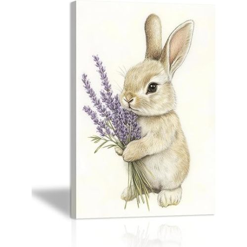 Easter Canvas Wall Art, Cute Rabbit Holding Purple Lavender Painting Decor Framed, Vintage Bunny Print for Kids Room Bedroom Nursery(Artwork-02, 12"x18")