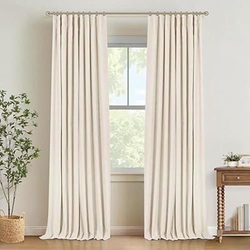 INOVADAY 100% Blackout Curtains for Bedroom, Black Out Curtains 84 Inch Long, Clip Rings Linen Blackout Drapes, Thermal Insulated Room Darkening for Living Room, 2 Panels - Cream,W50xL84