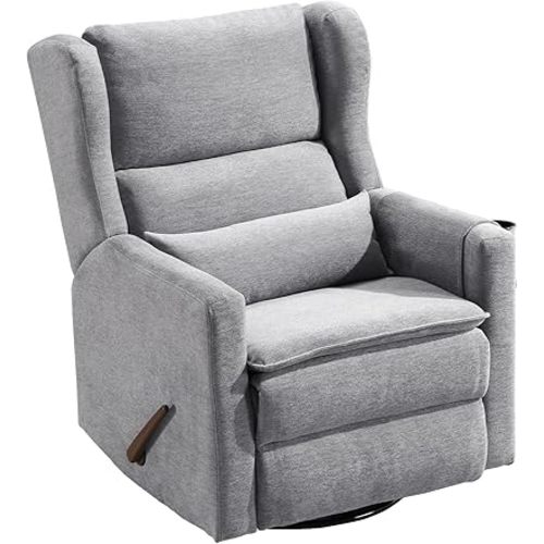 Rocking Chair Nursery with Adjustable Headrest,Comfy Swivel Rocker Recliner with Lumbar Support, Manual Nursery Chair Rocker Recliner with Cup Holder and Side Pockets, Grey