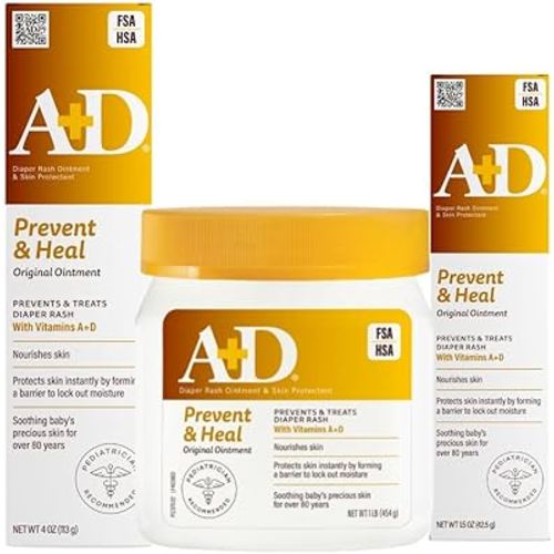 A+D Original Diaper Rash Ointment, Prevents & Heals Diaper Rash, Moisturizes & Heals Dry Skin With Vitamins A & D, Home & Go Bundle - 16 oz jar, 4 oz tube, 1.5 oz tube