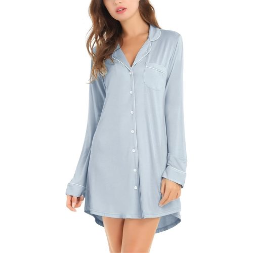Cherrydew Bamboo Viscose Nightgown Women Super Soft Comfy Cooling Breathable Long Sleeve Sleepwear Button Down Sleep Shirts