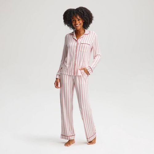 Women's Cloud Knit Modal Long Sleeve Notch Collar Top and Pants Pajama Set - Auden™ Red/Cream Striped XL