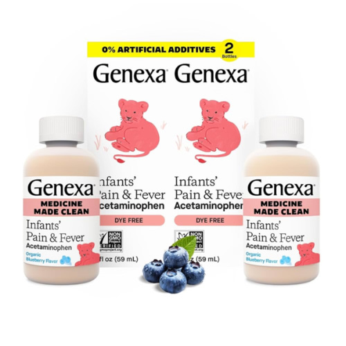 Genexa Infants' Clean Acetaminophen | Pain Reliever & Fever Reducer | Dye Free, 0% Artificial Additives | Baby Sick Essentials & Infant Medicine | Delicious Organic Blueberry Flavor, 4 fl oz (2 Pack)