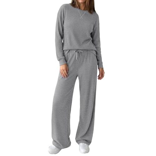PRETTYGARDEN Women's Matching Set 2 Piece Travel Outfits | Ribbed Knit Comfy Lounge Sets, Fall Athleisure Sweat Suits, Long Sleeve Shirts, Wide Leg Pants Pockets, Casual Winter Clothes