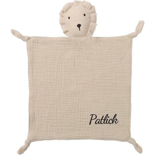 Personalized Baby Security Blanket with Name, Custom Embroidered Muslin Lion Comforter, Organic Cotton Lovey Blanket Baby Gifts for Boys Girls