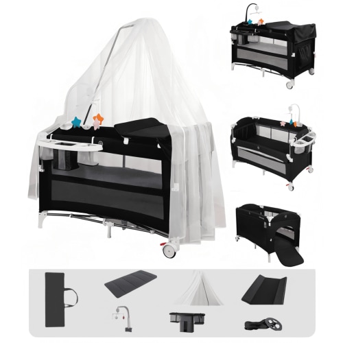 Baby Play Yard 7 in 1 Baby Playpen with Changing Table,Wheels, Nursery Center with Mosquito Net for 0-3 Years,Unisex,Black