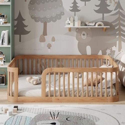 Curved Corner Wood Frame Floor Bed Montessori Toddler Bed with Tall Fence