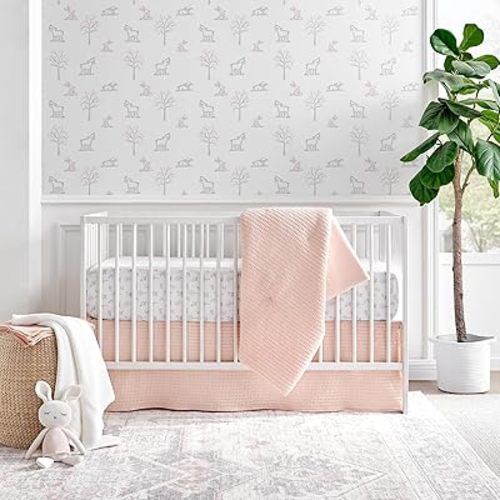 Levtex Baby - Mills Waffle Crib Bed Set - Baby Nursery Set - Blush Pink - Blush Pink Textured Waffle - 4 Piece Set Includes Quilt, Fitted Sheet, Dust Ruffle and Rope Basket