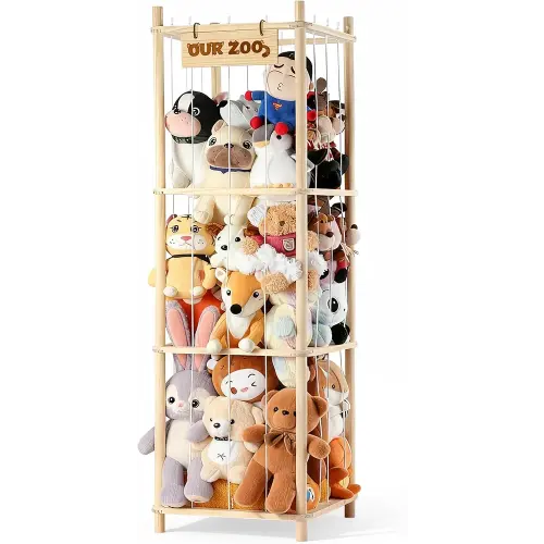 LAMU Stuffed Animal Storage, Wooden Zoo Stuffed Animal Holder with Elastic Cords, Space Save Toy Organizer, Extra Large Capacity Stuffed Animal Organizer for Playroom, Bedroom, Nursery