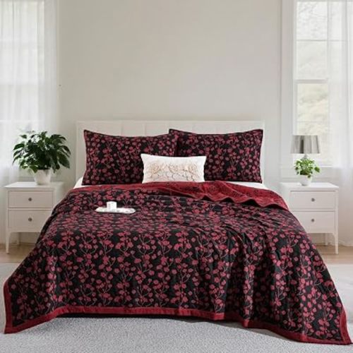 100% Cotton Muslin Jacquard 3 Piece Quilt Set Floral Plum Blossom Print, Soft 3 Layers Gauze Bed Cover Reversible Bedspread Coverlet Breathable Lightweight Bedding Set, King