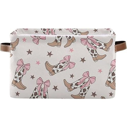 Wusikd Coquette Bows Storage Basket Set of 1 Large Fabric Cowgirl Boots Storage Basket Bins Box Cube with Handles Collapsible Closet Shelf Clothes Organizer Basket for Nursery Bedroom