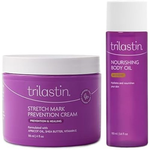 Trilastin Maternity Stretch Mark Prevention Cream (4oz) Bundle with Nourishing Body Oil (3.4oz) | Pregnancy Must-Have | Gift for First-time Moms | Hypoallergenic Postpartum Skincare | 1 Month Supply