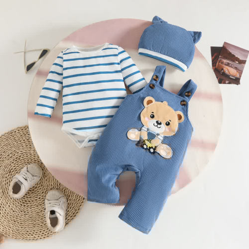 Baby Boy Animal Cord Overalls & Stripe Bodysuit With A Hat