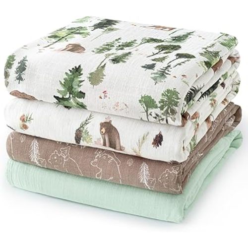 david's kids 4 Pack Baby Muslin Swaddle Blankets, 100% Cotton and Ultra Soft Breathable Receiving Blanket Wrap for Boys Girls, New Born Essentials, Large 47 x 47 inches, Woodland Animals/Green