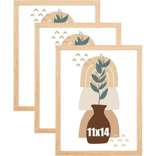 kennethan 11x14 Picture Frame Oak Set of 3, Wooden Poster Frame for Wall Mounting Display for Home, Office,Gallery,Holiday with Photos, Posters, Puzzles