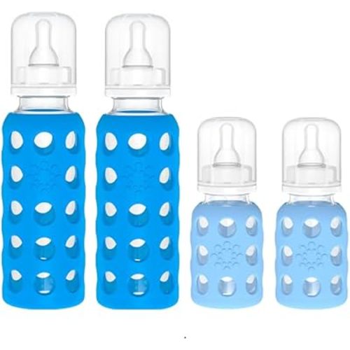 Lifefactory Glass Baby Bottle BPA Free | Protective Silicone Sleeve| 4 oz & 9 oz Pack of 4 | Cobalt & Sky Blue