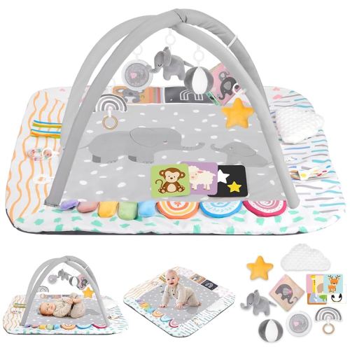 Baby Play Mat Activity Gym with Tummy Time Pillow, 6 Developmental Zones Tummy Time Mat, 6 Detachable Sensory Toys and Educational Cards, Essential Baby Shower Set, Grey Elephant