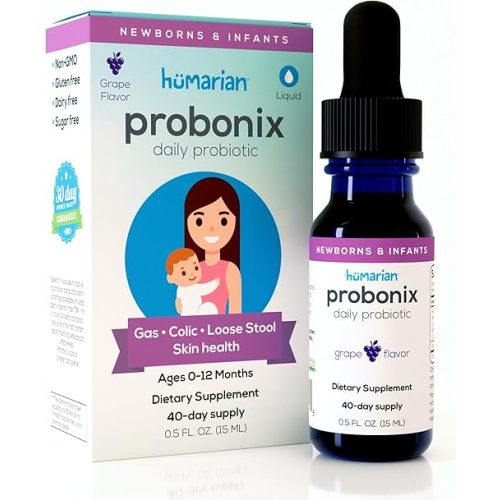 Humarian Probonix for Newborns and Infants 0-12 Months - High Bioavailability Liquid Probiotics - 8-Strain Baby Probiotic Drops for Gas, Colic, Lactose Intolerance & More - 40-Day Supply, Grape Flavor