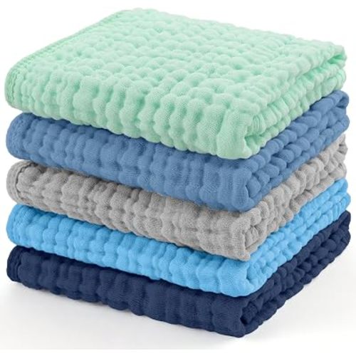 Yoofoss Muslin Burp Cloths for Baby 5 Pack 100% Organic Cotton Baby Washcloths for Boys Girls Large 20''X10'' Super Soft and Absorbent Apricot,Ocean Breeze