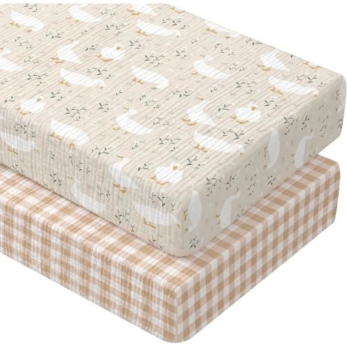 2 Pcs Muslin Silly Goose and Khaki Gingham Crib Sheets, 52"X 28"