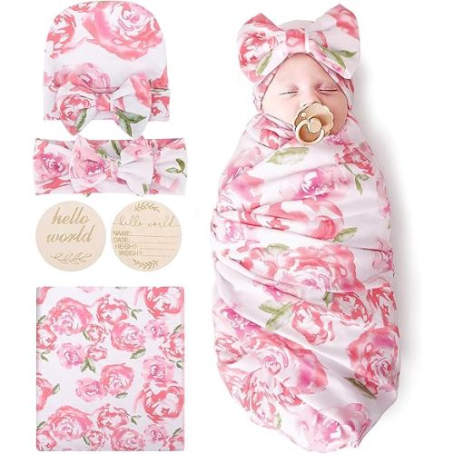 BQUBO Baby Girl Newborn Floral Receiving Blankets with Bow Hat Headband Wooden Birth Announcement Card Set Newborn Baby Swaddling Hats Sleepsack Toddler Warm Shower Gift