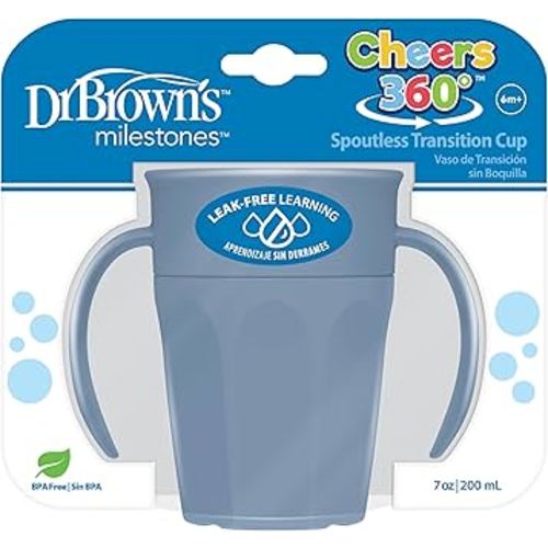 Dr. Brown's Milestones Cheers 360 Spoutless Transition Cup with Handles, Travel Friendly and Leak Free Sippy for Babies and Toddlers, Blue, BPA-Free, 7 oz/200 mL, 6m+