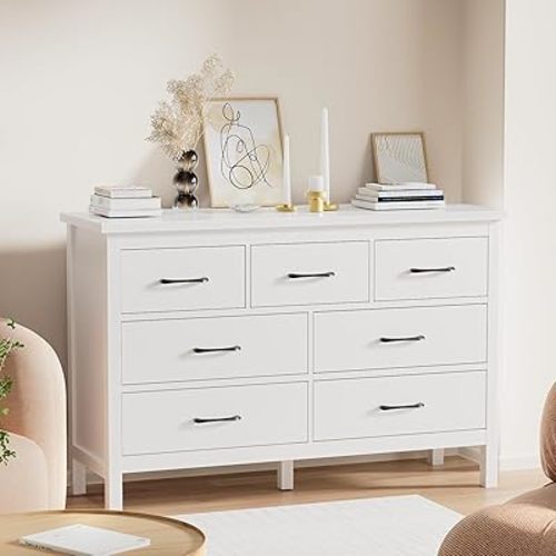 LYNSOM White Dresser for Bedroom, 7 Drawer Dresser with Metal Handles, Modern Wood Chest of Drawers for Living Room, Entryway and Hallway