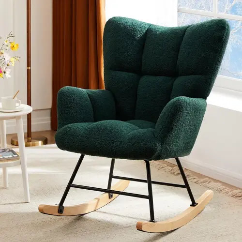 DUMOS Rocking Chair with Wing Backrest, Teddy Upholstered Indoor Reading Glider Chair with Comfy Seat for Bedroom, Living Room, Office, Forest Green