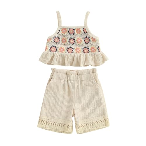 BemeyourBBs Toddler Girl Clothes Summer Baby Girl Embroidery Ruffle Tank Top Shrit Tassel Shorts Set 2 Piece Cute Boho Outfit