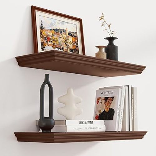 Fun Memories Floating Shelves 24 Inch Long, 9.3 Inch Deep Classic Crown Molding Floating Shelves for Wall, Rustic Wooden Shelves for Wall Decor Bathroom, Kitchen, Office, (Walnut, 2Pack)