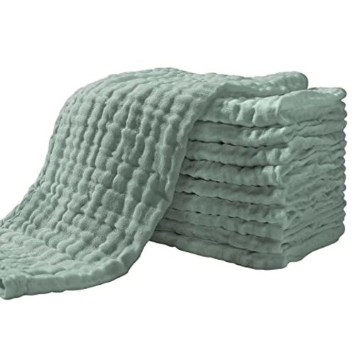 Yoofoss Muslin Burp Cloths for Baby 10 Pack 100% Organic Cotton Baby Washcloths for Boys Girls Large 20''X10'' Super Soft and Absorbent Dark Green
