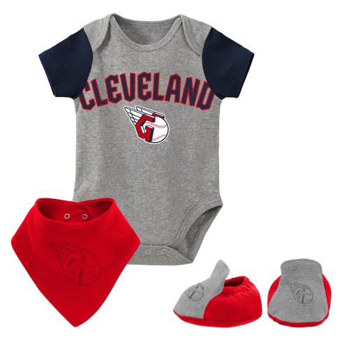 Newborn & Infant Cleveland Guardians Heathered Gray Three-Piece Bodysuit, Bib & Bootie Set