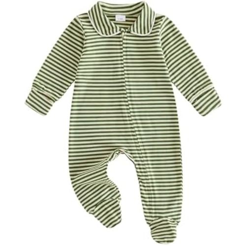 Seyurigaoka Newborn Baby Boy Girl Clothes Striped Footed Romper Peter Pan Collar Zipper Jumpsuit Going Home Outfit
