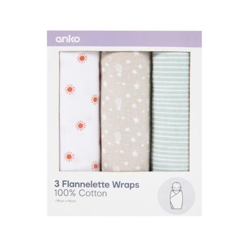 3 Pack Cotton Flannelette Wraps - Stars - Multi - One Size
