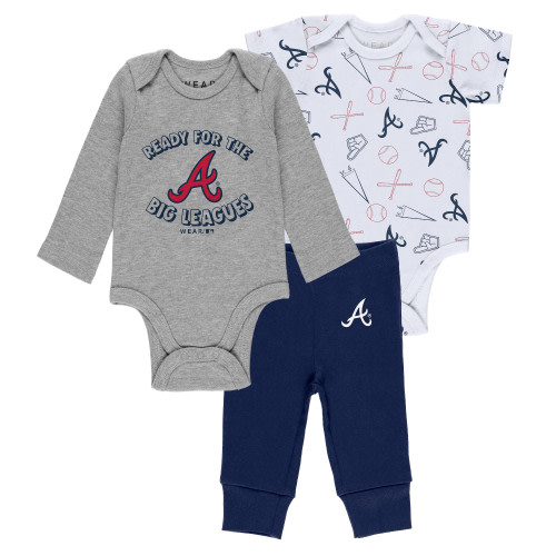 Newborn & Infant Atlanta Braves WEAR by Erin Andrews Gray/White/Navy Three-Piece Turn Me Around Bodysuits & Pant Set