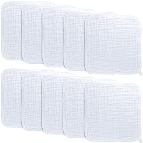 Baby Washcloths, Muslin Cotton Baby Towels, Large 10”x10” Wash Cloths Soft on Sensitive Skin, Absorbent for Boys & Girls, Newborn Baby & Toddlers Essentials Shower Registry Gift (White, Pack of 10)