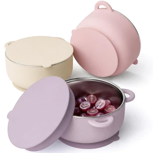 Bakpoco 2-in-1 Stainless Steel Baby Bowls, Leak-Proof Lids & Suction Silicone Bowl, 13.5oz Toddler Bowls Kids Food Containers Infant Dinnerware for Feeding & Snacks,3Pack Blush Garden