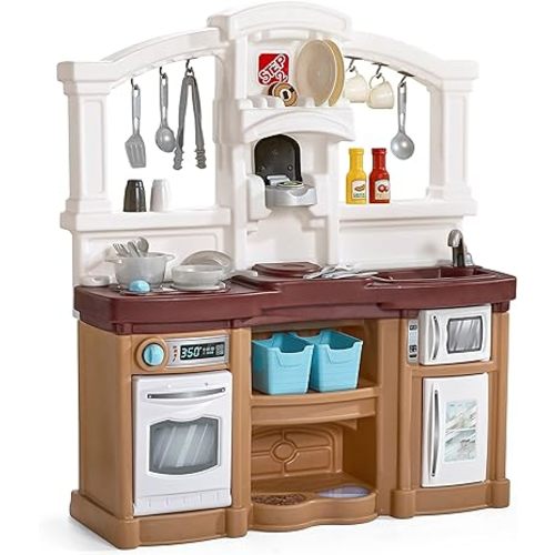 Step2 Fun with Friends Kids Kitchen Playset, Indoor/Outdoor Kitchenette, Interactive Play with Lights and Sounds, Durable Plastic, Includes 25 Piece Toy Accessories, Toddlers 2+ Years Old, Tan
