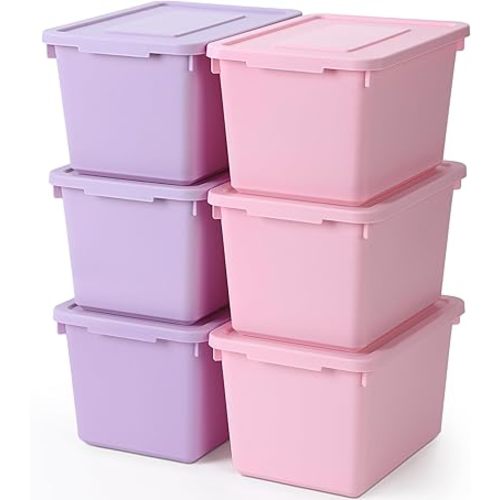 Potchen 6 Pack Small Stackable Storage Bins with Lids Plastic Storage Boxes for Classroom 9.8" ×7.3" ×5.7" Decorative Organizer Bins for Craft Art Office Teacher Supplies (Pink,Purple)